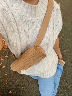 MANDRN | The Woven Ziggy- Sand Leather Belt Bag Fanny Pack Outfits, Fall Coziness, Cross Body Sling Bag, Tan Leather Belt, Woven Leather Bag, Winter Outfits Aesthetic, Tan Belt, Cozy Fall Outfits, Autumn Inspired