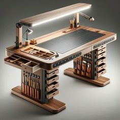 a wooden workbench with many tools on it and an illuminated light above the top