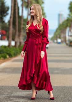 Silk Wrap Dress Red Burgundy Bridesmaid Dress Wedding Dress - Etsy Burgundy Satin V-neck Dress, Burgundy Satin Dress For Prom Season, Satin Maxi Dress For Prom Season, Maxi Length Satin Dress For Evening And Prom, Prom Season Satin Maxi Dress, Maxi Length Satin Dress For Prom, Satin Midi Bridesmaid Dress For Evening, Elegant Red Satin Maxi Dress, Burgundy Satin Prom Dress