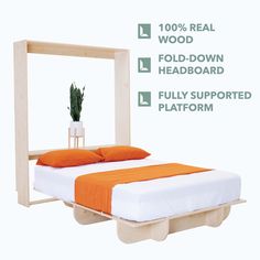 the bed frame is made out of wood and has an orange pillow on top of it