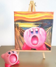 a pink pig toy next to an art piece on a easel with the scream painting behind it