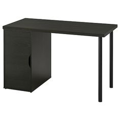 an office desk with a black wooden top and metal legs, against a white background