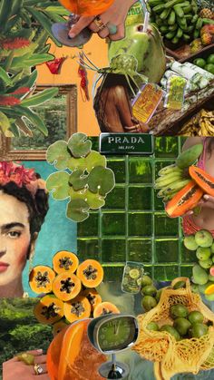 a collage of pictures with fruits and vegetables on them, including bananas, oranges, grapes, apples, and other fruit