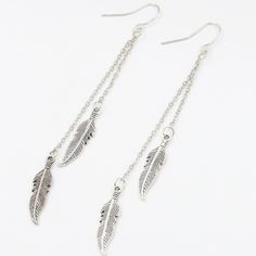 Silver Feather Leaves Leaf Long Dangle Earring Tags: Ear Cuff Earring Bracelet Anklet Necklace Ring Hair Pin Hair Accessories Minimalist Delicate Dainty Statement Boho Bohemian Pendent Charm Choker Chain Layer Vintage Diamond Pearl Crystal Rhinestones Moon Star Heart Butterfly Coin Bar Leaf Flower Silver Gold Drop Earrings Simple, Feather Earrings Silver, Ear Crawler Earrings, Wedding Earrings Drop, Long Tassel Earrings, Tassel Drop Earrings, Silver Feather, Long Dangle Earrings, Dangly Earrings