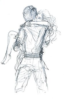 a drawing of two people hugging each other with their arms around one another and the back of them