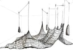 an artistic drawing of several suspended objects