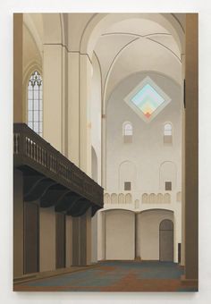 an abstract painting of a church with stained glass window above the pews and ceiling