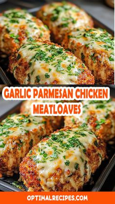 garlic parmesan chicken meatloaves on a baking sheet with text overlay