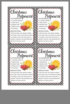 four christmas gift tags with oranges and berries on them, in black and white stripes