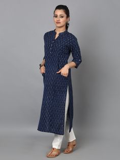 Blue Cotton Ikat Front Pocket Kurta डिजाइनर कपड़े, Simple Kurta, Indian Kurti Designs, Kurta Patterns, Salwar Pattern, Churidar Designs, Simple Kurta Designs, Designer Kurti Patterns, Kurti Patterns