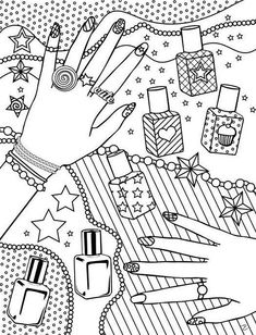 a black and white drawing of a hand with nail polish on it, surrounded by stars