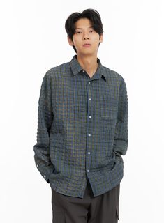 mens-plaid-textured-shirt-ia402 / Dark blue Guys Style, Textured Shirt, Bolero Sweater, Loose Fit Shirts, Gingham Shirt, Beige Top, Prom Outfits, Boatneck Sweater, Mens Plaid