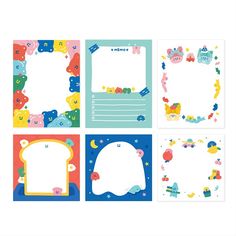 four blank papers with cartoon animals on them