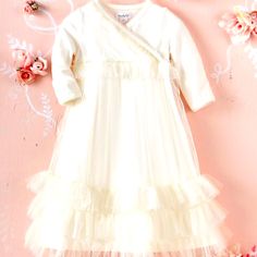 Cream Colored Tiered Mesh Gown New With Retail Tag Attached Size 3-6m Perfect For Baby Dedication, Holiday Photos Or Any Other Special Occasion! Spandex Gown, Newborn Coming Home Outfit, Sleep Gown, Mesh Gown, Ruffle Gown, Girl Baptism, Baby Monogram, Chiffon Flowers, Coming Home Outfit