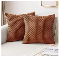 two brown pillows sitting on top of a couch next to a white pillow case and a window