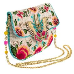 Butterfly inspired by indigenous designer Collins Provost. Truly a very special bag! This butterfly is the centerpiece of this intricately beaded and embroidered crossbody handbag. Let its charm bring you luck with its many colors from the garden. Also available in black 8.75 x 1 x 6" Strap Length End to End: 49" Strap Drop: 24" Removable crossbody chain strap Magnet closure Inside pocket Back pocket Fits a phone Includes: metal logo fob, protective storage bag, certificate of authenticity This Mary Frances Bags, Mary Frances Handbags, Whimsical Butterfly, Beaded Crossbody Bag, Butterfly Bags, Mary Frances, Dream Chaser, Beaded Handbag, Beaded Clutch