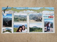 a collage of photos with mountains in the background and two people standing next to each other