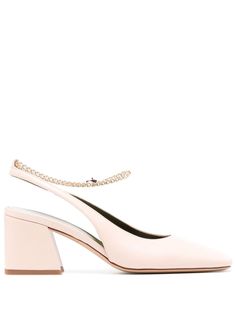 light pink leather chain-link detailing square toe slingback strap branded insole mid block heel Pink Pumps, Leather Chain, Leather Pumps, Pink Leather, Pump Shoes, Chain Link, Block Heels, Light Pink, Fashion Branding