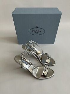 Prada Brushed Silver Leather Logo Shoes Pumps Heels Sandals Size 40  | eBay Luxury High Heel Summer Heels, Luxury Summer Heels For Formal Occasions, Luxury Formal Heels For Summer, Luxury Pointed Toe Summer Sandals, Luxury Pointed Toe Sandals For Summer, Designer Formal Sandals With Padded Heel, Designer Open Toe Formal Sandals, Designer Ankle Strap Sandals For Cocktail, Designer Ankle Strap Sandals For Cocktail Events