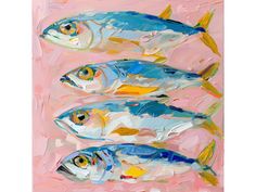 three fish on a pink background are shown in an abstract painting with acrylic paint