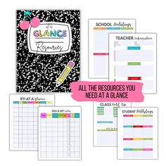 the back to school planner is shown in four different colors and sizes, including one for each