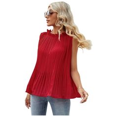 Elevate your style with the KOJOOIN Sleeveless Tops for Women, a chic addition that blends sophistication with comfort. This pleated tunic top features a delicate chiffon blouse with a frilly mock neck, offering a flowy and dressy appeal while maintaining a casual vibe. Perfect for any occasion, it's a versatile piece that can be dressed up or down.

- Material: 100% Polyester
- Color: Red
- Size: One size fits all (suitable for sizes 6-20)
- Gender: Female
- Features: Pleated tunic design, chif Non-stretch Red Blouse For Summer, Non-stretch Red Summer Blouse, Red Non-stretch Summer Blouse, Pleated Stretch Top For Summer, Summer Stretch Pleated Top, Sleeveless Pleated Tops For Spring, Elegant Non-stretch Sleeveless Blouse, Casual Sleeveless Pleated Tops, Elegant Sleeveless Non-stretch Blouse