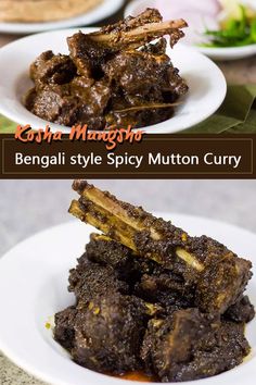 two plates with different types of food on them and the words bengal style spicy mutton curry