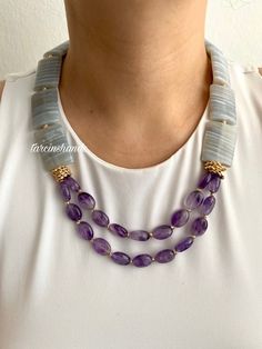 💜Make a bold statement with our **Gold-Plated Bohemian Necklace featuring striking **Large Gray Chalcedony** stones and multistrand **Amethyst** accents. 💎 **Chalcedony Stones The necklace showcases large rectangular chalcedony stones in a beautiful gray hue with white marble-like veins, adding an elegant and earthy touch. 🌸 **Multistrand Amethyst At the center, multiple strands of amethyst stones create a rich and vibrant contrast to the chalcedony, giving the necklace a luxurious and sophis Large Bead Necklace, Autumn Necklace, Amethyst Stones, Bold Necklace, Chalcedony Stone, Necklace Layered, Necklace Chunky, Handmade Fashion Jewelry