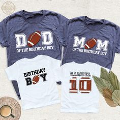 Football Birthday Boy Party Custom Family Shirt, Personalized Football Tshirt, American Football Family Matching Birthday Shirt, Mom Dad Tee. Welcome to BestMomentTees! Step into a world of comfort and style with our handmade shirts from the renowned Bella Canvas brand. The solid colors are 100% pure cotton, while the delightful heather colors are a charming blend of 52% cotton and 48% polyester. 🍃 Each shirt is a true labor of love, meticulously created using the innovative DTF printing method Team Spirit Birthday T-shirt With Name Print, Customizable Team Spirit T-shirt For Birthdays, Customizable Team Spirit Tops For Birthday, Customizable Team Spirit T-shirt For Birthday, Number Print Short Sleeve T-shirt, Short Sleeve T-shirt With Number Print, Casual Birthday T-shirt With Team Name, Casual T-shirt With Team Name For Birthday, Father's Day Birthday Gift Short Sleeve T-shirt