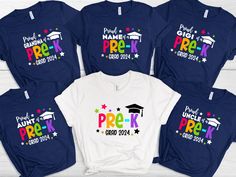 Custom 2024 Pre-K Family Shirts, Preschool Shirt, Family Graduation Shirts, Personalized Preschool Grad 2024 Shirt, Preschool Graduation * High quality and super soft, comfortable shirt. Made with top-of-the-line vinyl and pressed with a professional grade heat press. * Please check all color and size charts before place the order. Since all shirts are custom made based on your selection, I don't accept return or exchange unless there is an issue with your order. *We're working with different sh Blue School Spirit Tops For School Events, Blue Tops For Back To School Events, Blue Tops For Back To School, Blue Tops For College Back To School, Blue Short Sleeve Shirt For School Events, School Spirit Shirt For Students Back To School, School Spirit Shirt For End Of School Year, Back To School Spirit Shirt For College, Back To School Spirit Shirt For Students