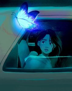 a woman sitting in the passenger seat of a car with a butterfly flying above her head