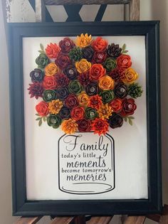 a framed art piece with flowers on it that says family today's little moments become tomorrow's memories