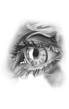 an eye with long eyelashes is shown in black and white