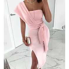 Cocktail Dress Elegant, Stile Casual Chic, Vestidos Color Rosa, Shoulder Stretch, Dress Sash, Dress Sleeve Styles, Hip Dress, Trend Fashion, Elegant Dress