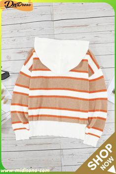 Orange Striped Colorblock Sweater Hoodie Casual Sweater With Contrast Color, Trendy Winter Hoodie With Contrast Color, Sporty Winter Color Block Sweater, Sporty Color Block Sweater For Winter, Winter Contrast Color Hooded Hoodie, Winter Hoodie With Contrast Color, Trendy Hooded College Sweater, Trendy Hooded Sweater For College, Hooded Color Block Sweater For Winter