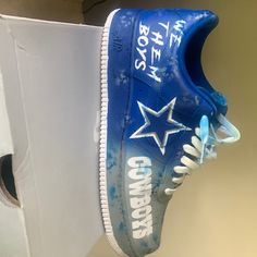 Cowboys Customer Made Size 11 Smoke Free Blue Lace-up Custom Sneakers In Synthetic Material, Blue Low-top Custom Sneakers In Synthetic Material, Blue Low-top Custom Synthetic Sneakers, Blue Custom Sneakers With Round Toe, Nike Custom Blue Synthetic Sneakers, Blue Custom Sneakers For Sports, Blue Custom Sneakers With Boost Midsole, Nike Custom Sneakers, Nike Shoes Custom