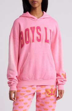 A boldly sized logo is highlighted with contrast embroidery on a cotton-blend hoodie designed with a cozy kangaroo pocket and signature cherub embroidery branding the sleeve. 26" length (size Medium) Fixed hood Long sleeves Kangaroo pocket Dropped shoulders Ribbed cuffs and hem 66% cotton, 21% rayon, 13% polyester Machine wash, tumble dry Imported Pink Hoodie With Kangaroo Pocket For Streetwear, Winter Hoodie With Logo Print For Loungewear, Winter Loungewear Hoodie With Logo Print, Sporty Hoodie With Embroidered Logo For Loungewear, Varsity Hoodie With Kangaroo Pocket For Streetwear, Varsity Cotton Hoodie With Embroidered Logo, Pink Winter Hoodie With Logo Print, Pink Logo Print Sweatshirt, Winter Pink Hoodie With Logo Print