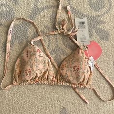 Brand New, Never Worn, Light Pink/Peach Bikini Top One Side Is Like A Floral Garden Pattern And One Side Is Pink And White Striped Peach Swimwear For Poolside Spring Season, Peach Swimwear For Poolside Spring, Peach Beachwear Swimwear For Spring, Peach Triangle Top Swimwear For Beach, Peach Swimwear For Spring Vacation, Reversible Bikinis, Pink And White Stripes, Cute Swimsuits, White Stripe