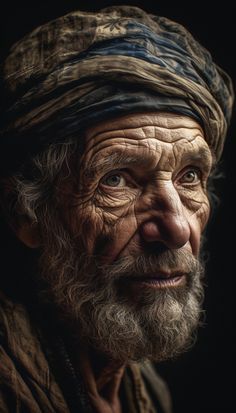 an old man with long white hair wearing a turban and looking at the camera