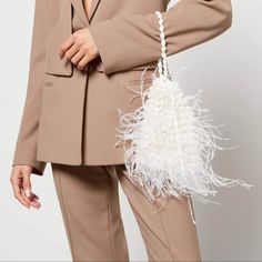 Worn Once For My Wedding Weekend. Box And Bag Included Luxury Formal Bags With Feathers, Luxury Formal Feathered Bags, Chic Formal Bags With Feathers, Formal Chic Bags With Feathers, Chic Formal Feather Bags, Chic Formal Feathered Bags, Cult Gaia Bag, White Clutch, Cult Gaia