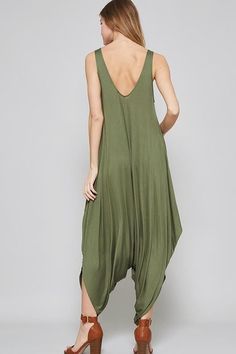 Sleeveless Harem Jumpsuit This Jumpsuit Is Made With Medium Weight Span Jersey Fabric That Has Very Soft Drapes Well And Stretches Very Well Fabric: 95% Rayon 5% SpandexMade In USA One Size Fits All Casual Sleeveless Yoga Jumpsuits And Rompers, Green Sleeveless Jumpsuits And Rompers For Yoga, Sleeveless Jumpsuits And Rompers For Yoga In Spring, Harem Jumpsuits, Black Romper, Top Dress, Very Well, Tank Dress, Medium Weight