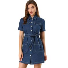 The dress features a point collar, a button-down design, and a belt for a casual chic look. Pair it with ankle boots or chunky sneakers for a casual look. This denim shirt dress is a good choice for fall or spring. A belt gathering around the waist brings a feminine touch. Add another cooler-season dress to your assortment with this style. It has short sleeves, a flattering tie waist, and plenty of practical pockets. Fastened with a full placket at the front, this piece can be paired well with p Short Sleeve Belted Denim Workwear Dress, Belted Denim Dress With Short Sleeves For Work, Spring Short Sleeve Belted Denim Dress, Trendy Collared Denim Dress In Relaxed Fit, Trendy Collared Denim Dress With Relaxed Fit, Trendy Button-up Denim Dress For Workwear, Trendy Buttoned Denim Dress For Work, Trendy Relaxed Fit Collared Denim Dress, Casual Short Sleeve Belted Denim Dress