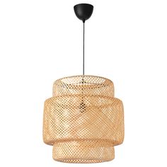 a light that is hanging from the ceiling with a black lamp shade on top of it