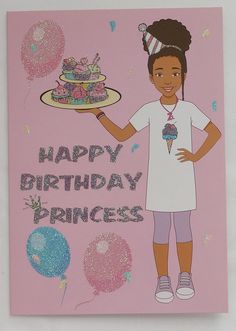 a birthday card with a girl holding a cake