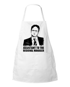 a white apron with the words assistant to the regional manager printed on it and an image of a man in a suit