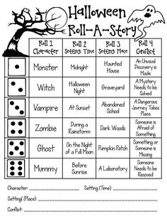 the halloween roll - a - story game is shown in black and white with an image of