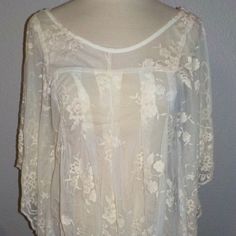 Love + Haight Misses Size Large Sheer Blouse Ivory In Color Rounded Neckline Kimono Type Sleeves 50% Nylon 50% Cotton New With Tags Summer Wedding Blouse With Lace Sleeves, Sheer Lace Top For Summer Wedding, Summer Wedding Sheer Lace Top, Lace Tops With Floral Embroidery For Brunch, White Blouse For Spring Wedding, Cream Summer Wedding Top, White Spring Wedding Blouse, Spring Wedding White Blouse, White Embroidered Feminine Lace Top