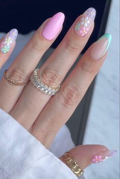 Spring Acrylic Nail Designs Almond, Spring Gel X Nails Almond, Pink April Nails, Easter Nail Designs Almond Shape, Trendy Spring Nails 2023 Almond, Spring Time Nails Acrylic Almond Shape, April Almond Nails, Pink Spring Nails Acrylic, Cute Nails For Birthday Almond