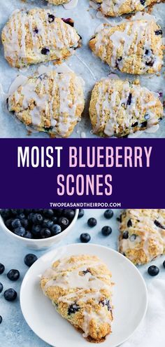 blueberry scones on a white plate with the words, most blueberry scones