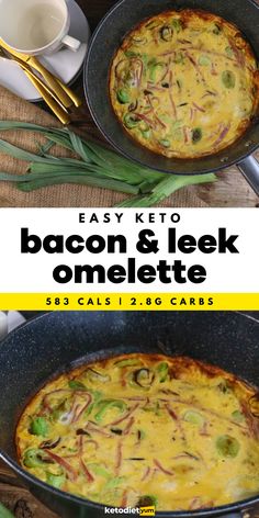 Delicious Leek and Bacon Omelette Recipe - With only 2.8g of net carbs, it’s a great option to make when you’re feeling hungry and need a quick, filling low-carb meal. Add chili flakes for a spicy kick and a handful of mixed greens to get some extra fiber. Leek Omelette, Filling Low Carb Meals, Keto Food Recipes, Bacon Omelette, Omelette Recipe, Low Cholesterol, Free Keto Recipes, Keto Food, Keto Recipe